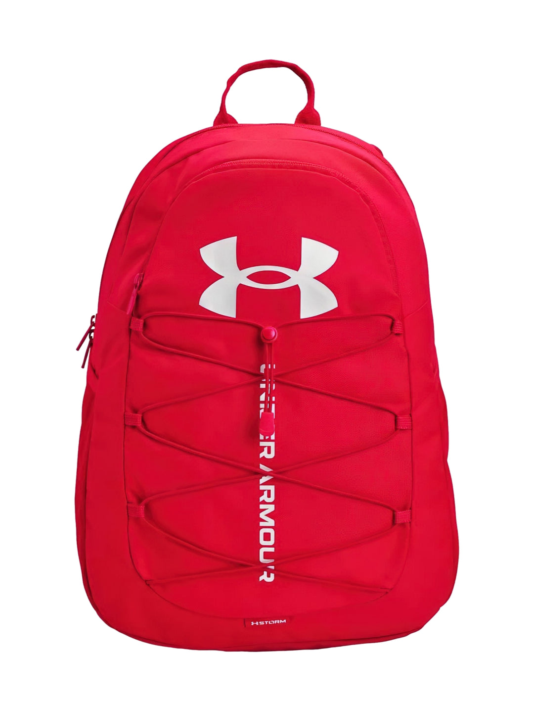 Mochila deportiva Under Armour de color rojo con logotipo blanco frontal y sistema de cordones elásticos.