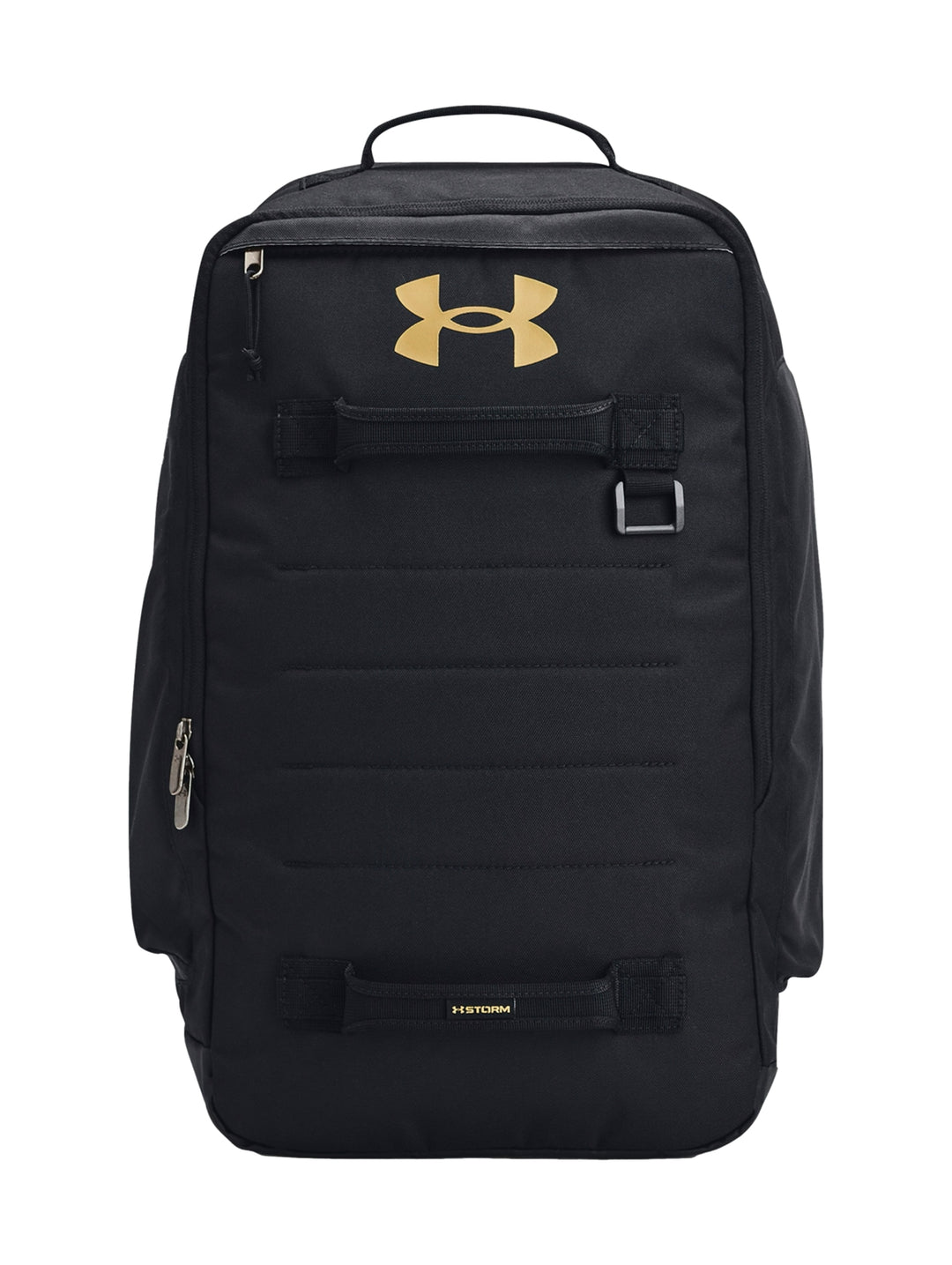 Mochila Under Armour color negro con logotipo frontal en dorado y asas de transporte.