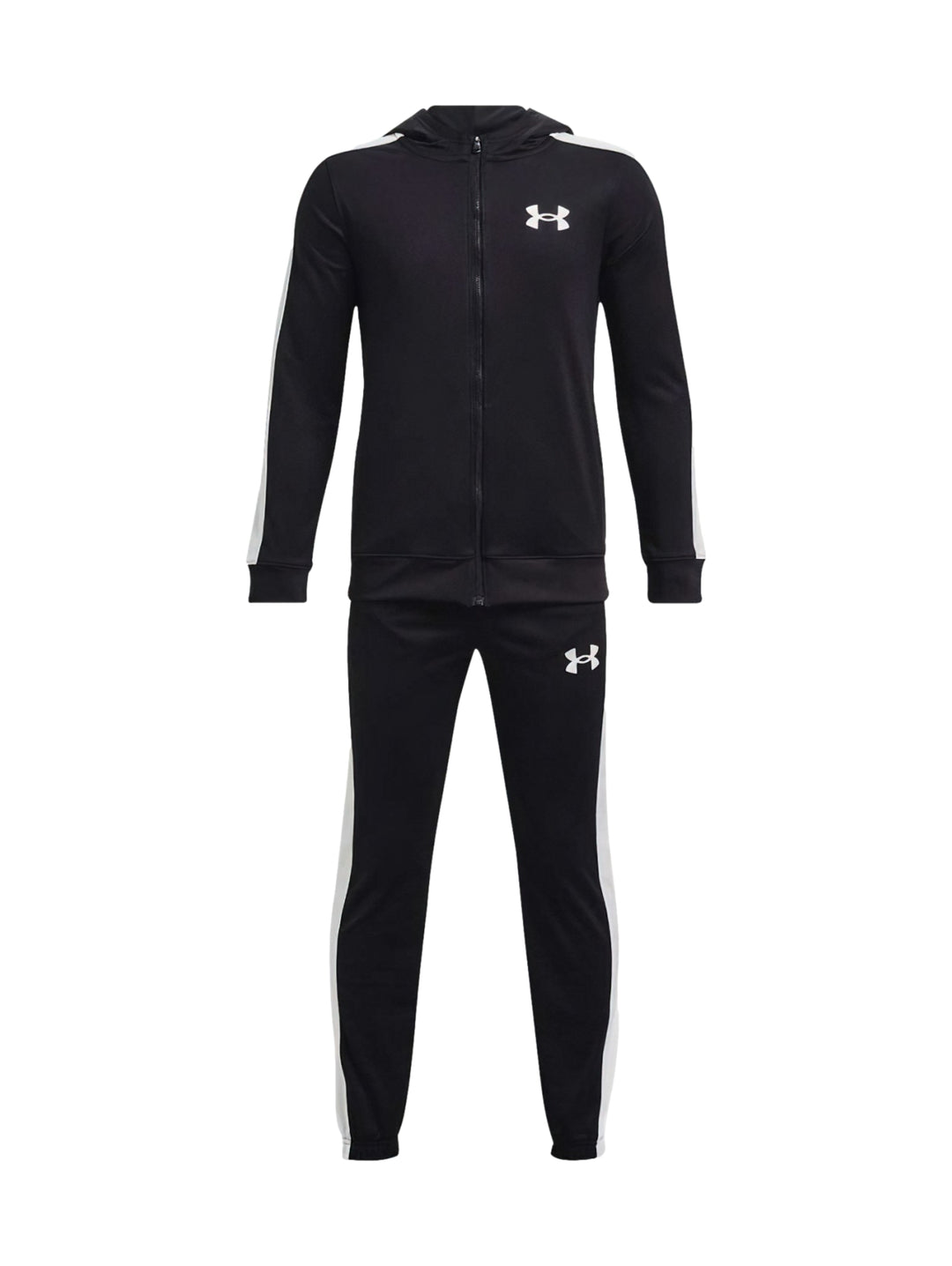 Conjunto deportivo Under Armour negro con franjas blancas laterales, incluye sudadera con capucha y pantalón.