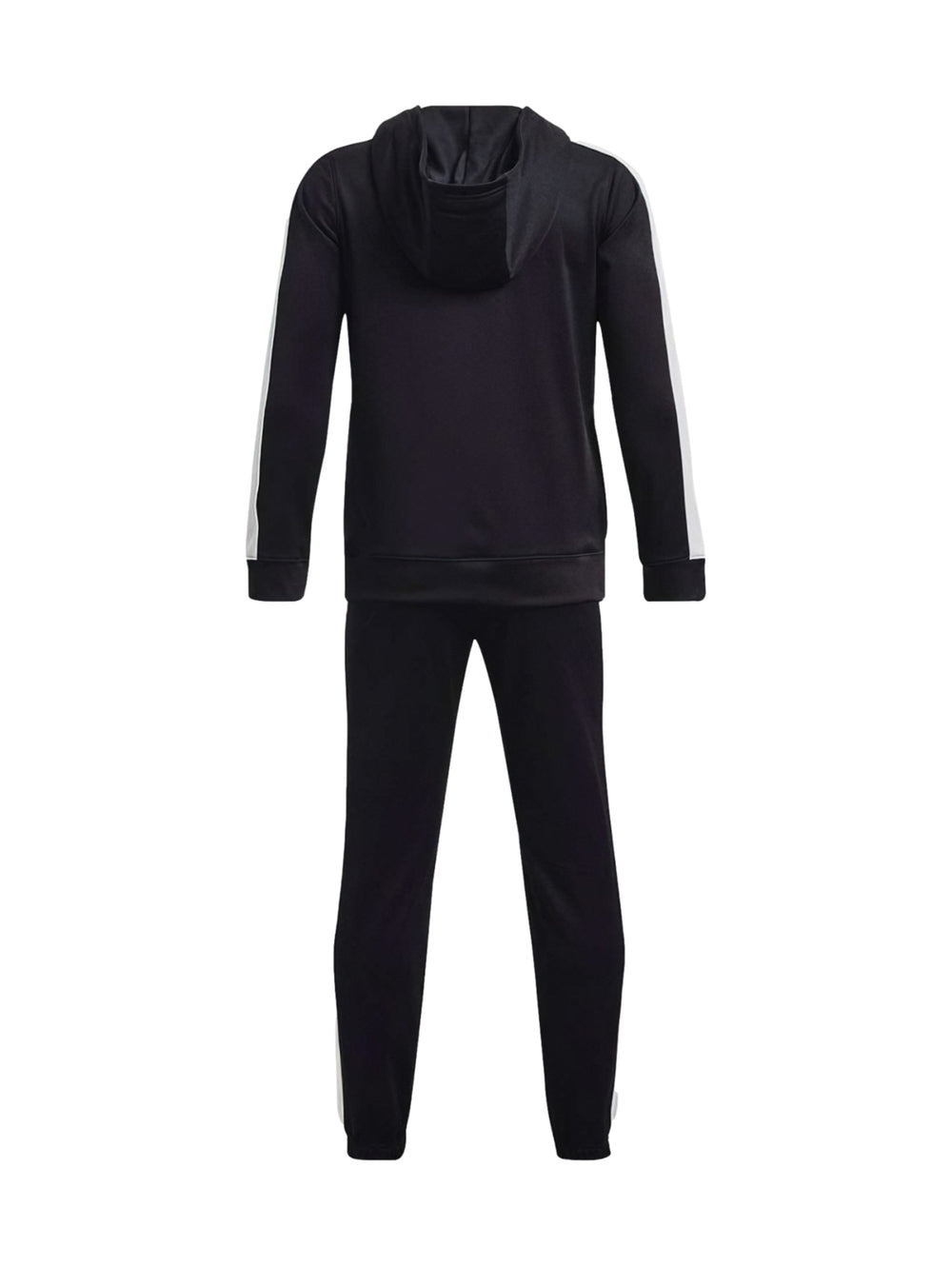 Conjunto deportivo Under Armour negro con franjas blancas laterales, incluye sudadera con capucha y pantalón.