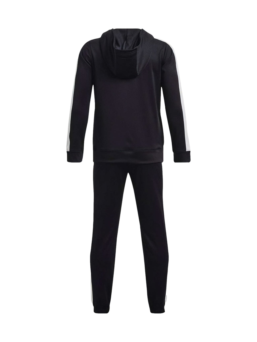 Conjunto deportivo Under Armour negro con franjas blancas laterales, incluye sudadera con capucha y pantalón.