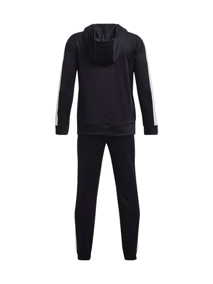 Conjunto deportivo Under Armour negro con franjas blancas laterales, incluye sudadera con capucha y pantalón.