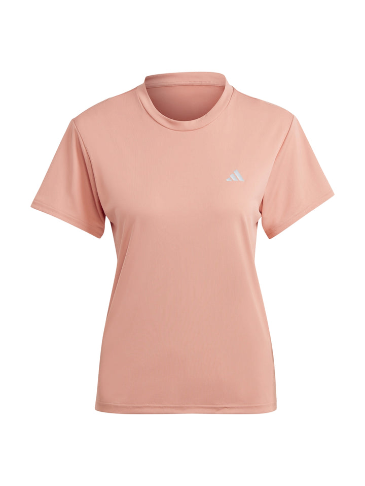 Camiseta deportiva Adidas de color coral para mujer, con cuello redondo y manga corta.