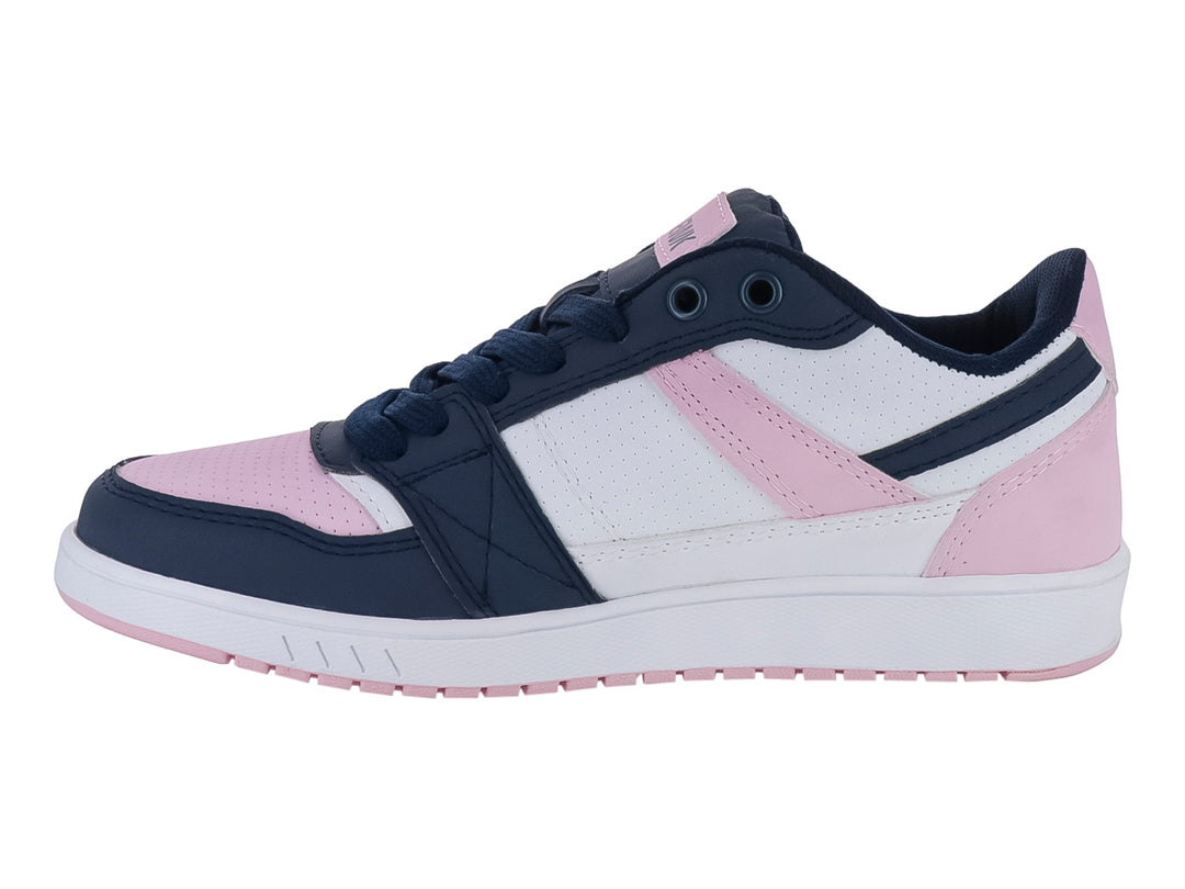 Tenis deportivos Newk en colores blanco, rosa y marino con suela blanca y agujetas coordinadas.