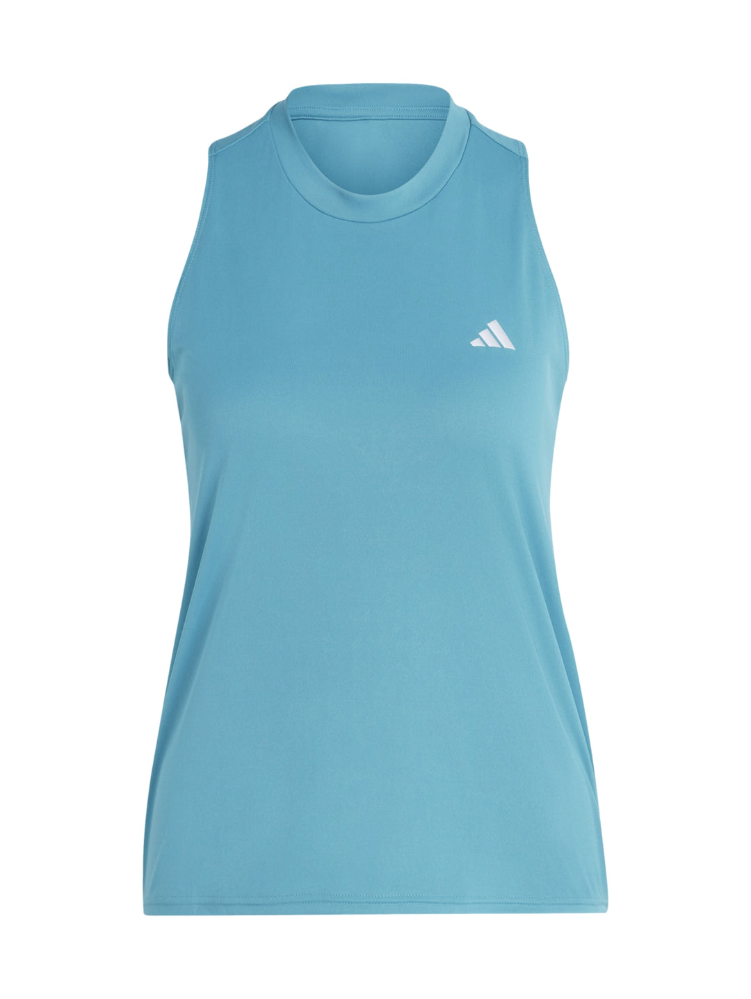 Mujer modelando una camiseta deportiva sin mangas de color azul claro marca Adidas.