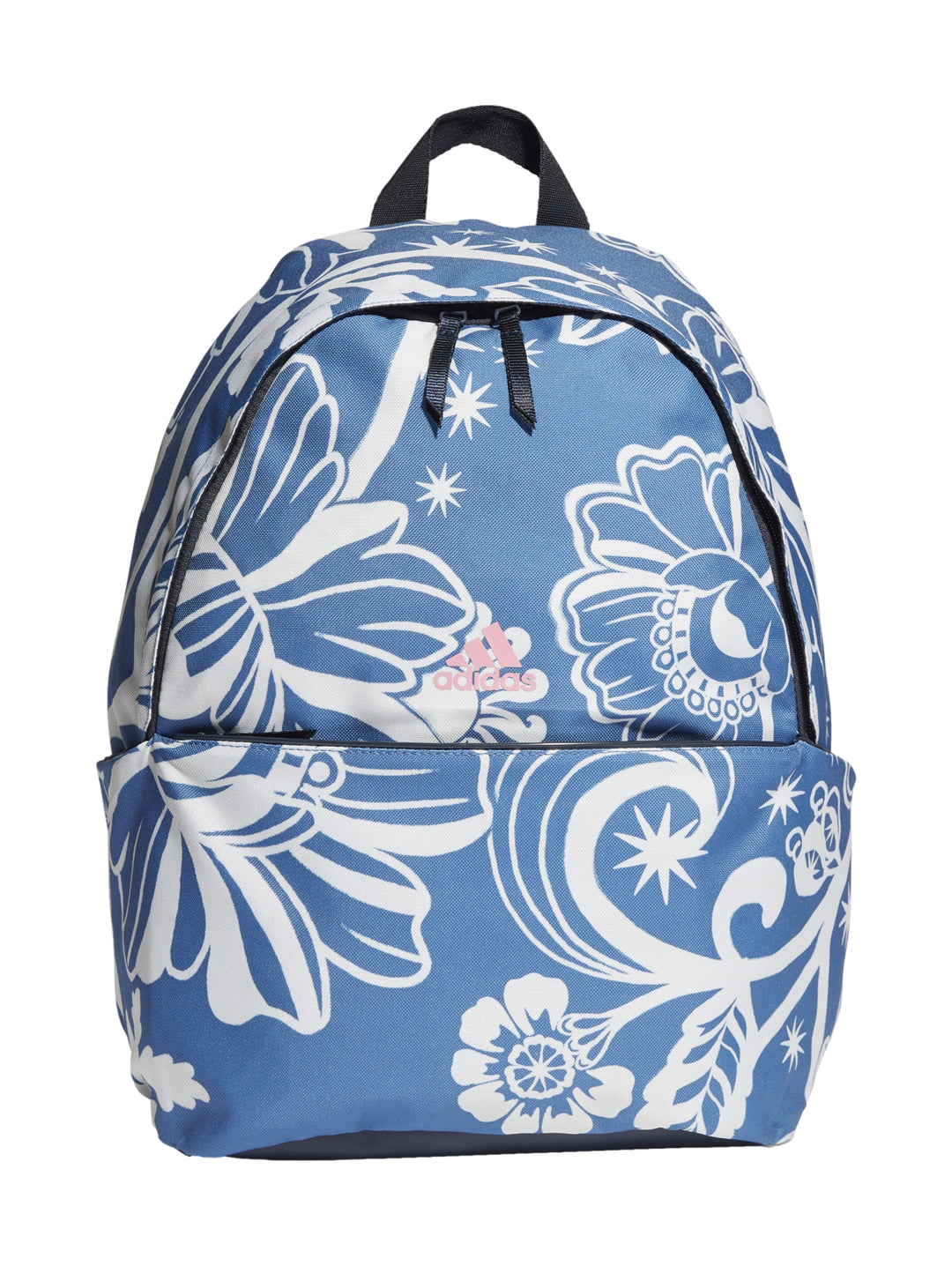 Mochila Adidas azul con estampado floral blanco y detalles en negro.