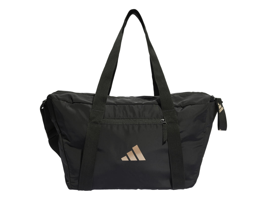 Bolso deportivo Adidas color negro con logotipo en tono cobre y asas largas.