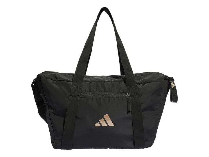Bolso deportivo Adidas color negro con logotipo en tono cobre y asas largas.