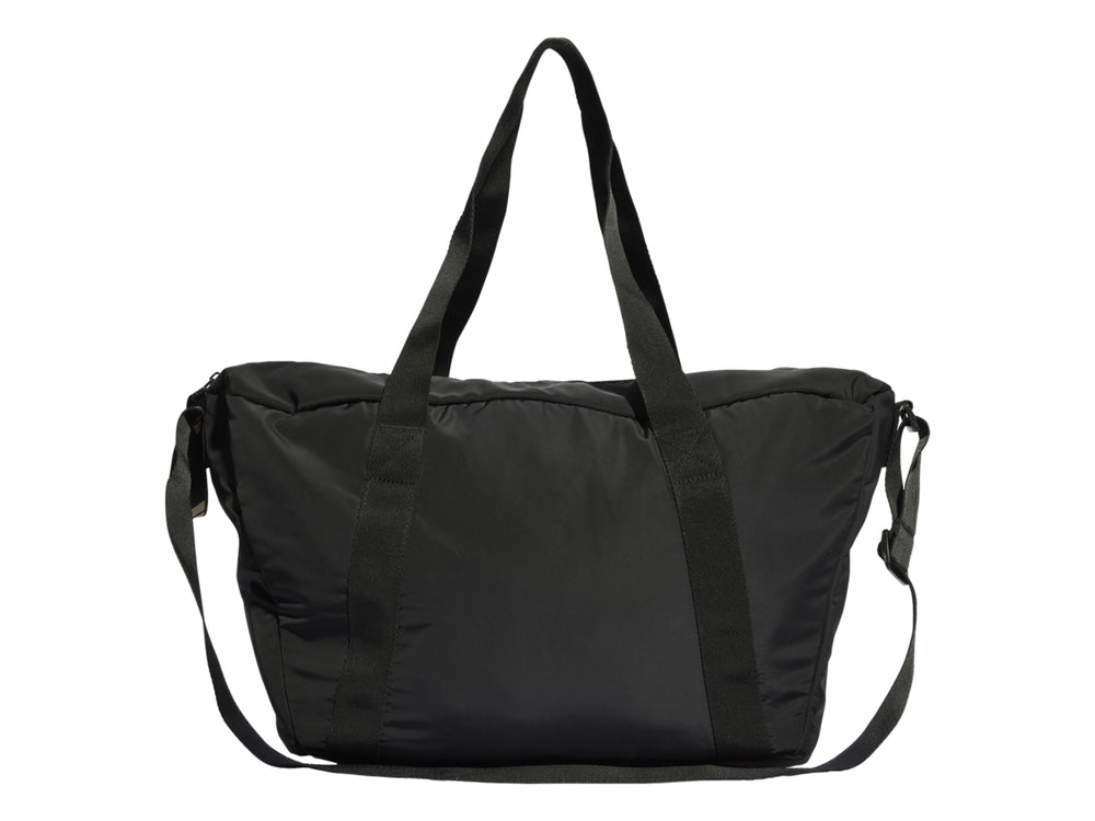 Bolso deportivo Adidas color negro con logotipo en tono cobre y asas largas.