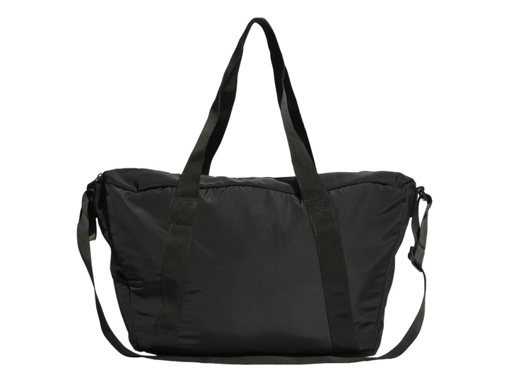 Bolso deportivo Adidas color negro con logotipo en tono cobre y asas largas.