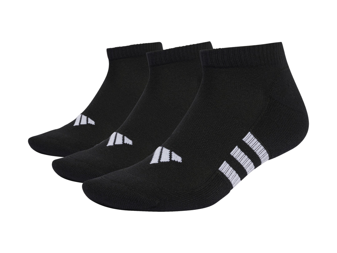 Paquete de tres pares de calcetines cortos Adidas en color negro con detalles blancos.