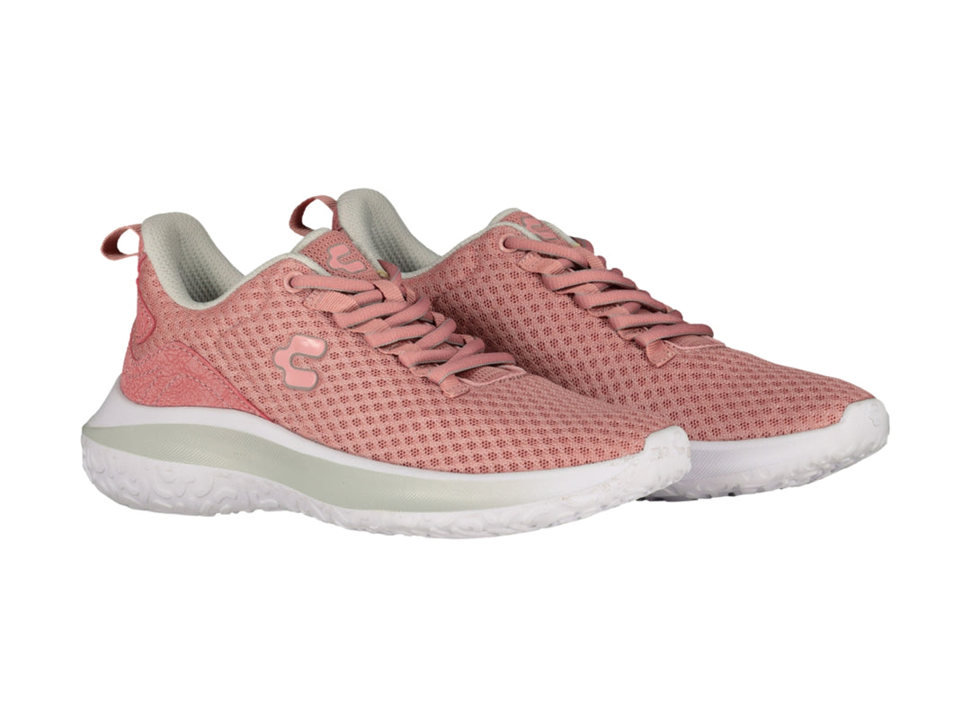 Tenis deportivos Charly color rosa con suela blanca y tejido de malla.