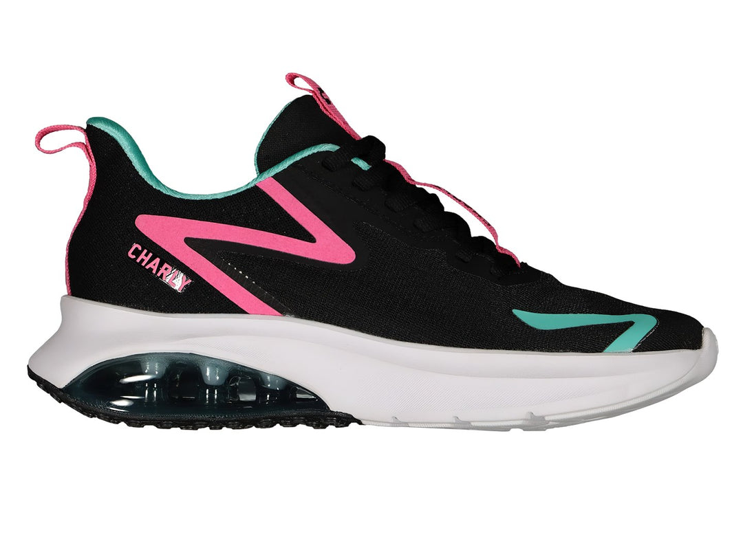 Par de tenis deportivos Charly en color negro con detalles en rosa y aqua, suela blanca con cámara de aire.