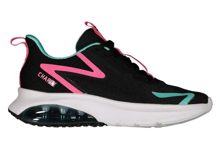 Par de tenis deportivos Charly en color negro con detalles en rosa y aqua, suela blanca con cámara de aire.