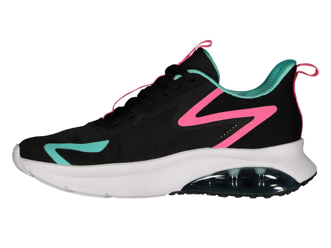 Par de tenis deportivos Charly en color negro con detalles en rosa y aqua, suela blanca con cámara de aire.