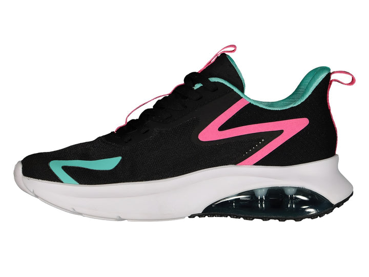 Par de tenis deportivos Charly en color negro con detalles en rosa y aqua, suela blanca con cámara de aire.