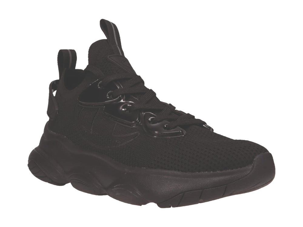 Tenis deportivos Champion color negro con suela gruesa y detalles en material sintético brillante.