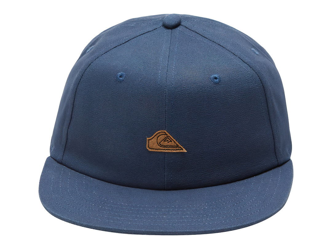 Gorra snapback azul oscuro con logotipo marrón frontal de Quiksilver.
