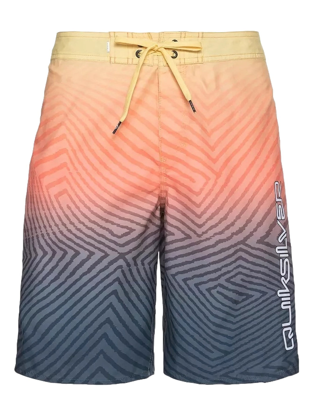Traje de baño Quiksilver con patrón geométrico y degradado de color amarillo a azul marino.