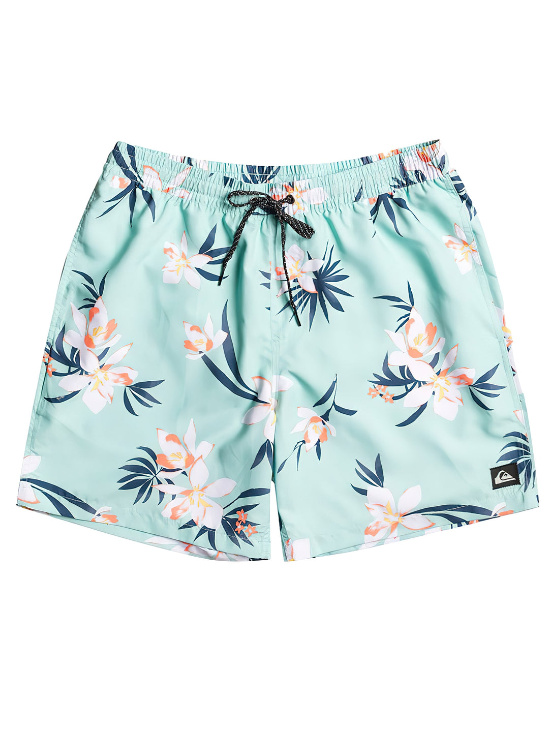 Short de baño Quiksilver color verde menta con estampado floral en tonos blanco y naranja.