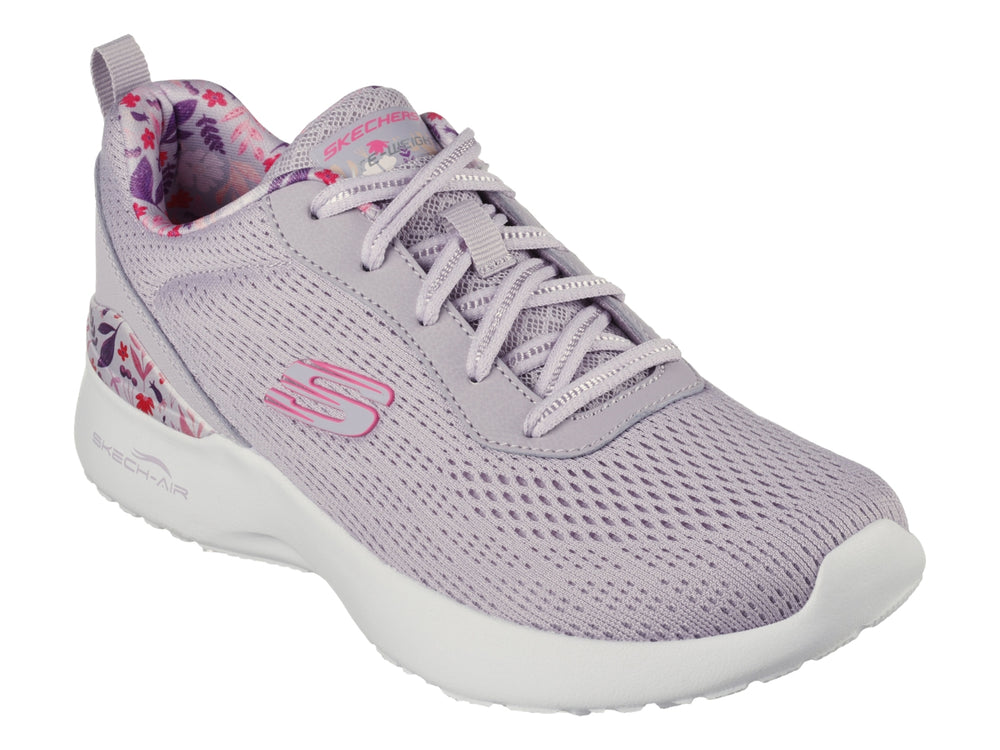 Tenis deportivos Skechers color lavanda con detalles florales y suela blanca para mujer.