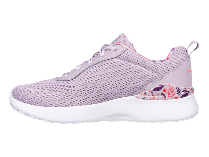 Tenis deportivos Skechers color lavanda con detalles florales y suela blanca para mujer.