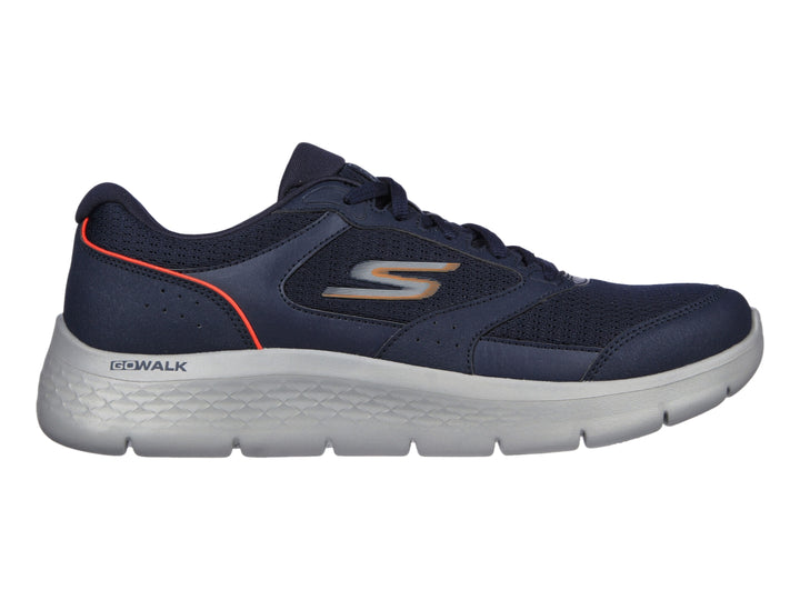 Tenis Skechers Go Walk Flex color azul marino con suela gris y detalles naranjas.