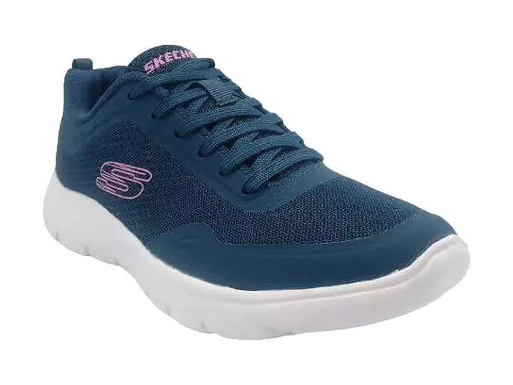 Tenis deportivos Skechers para mujer en color azul marino con suela blanca y detalles en rosa.