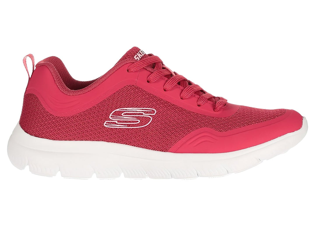 Tenis deportivos Skechers color rosa con suela blanca y tejido de malla.