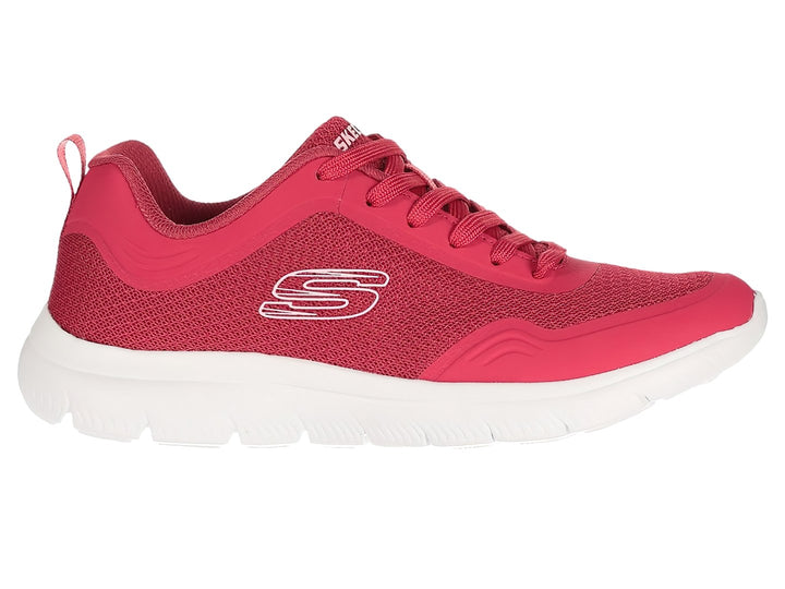 Tenis deportivos Skechers color rosa con suela blanca y tejido de malla.