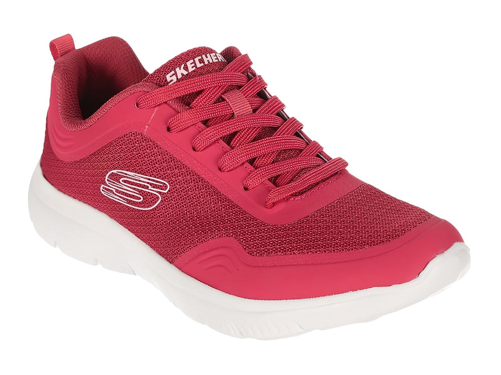 Tenis deportivos Skechers color rosa con suela blanca y tejido de malla.