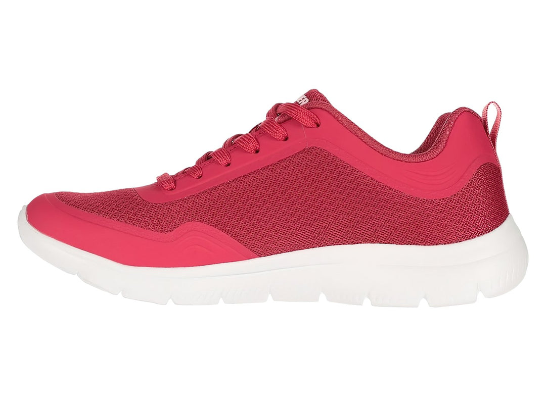 Tenis deportivos Skechers color rosa con suela blanca y tejido de malla.