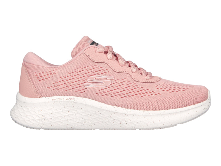 Tenis deportivos Skechers para mujer en color rosa con suela blanca y tejido transpirable.