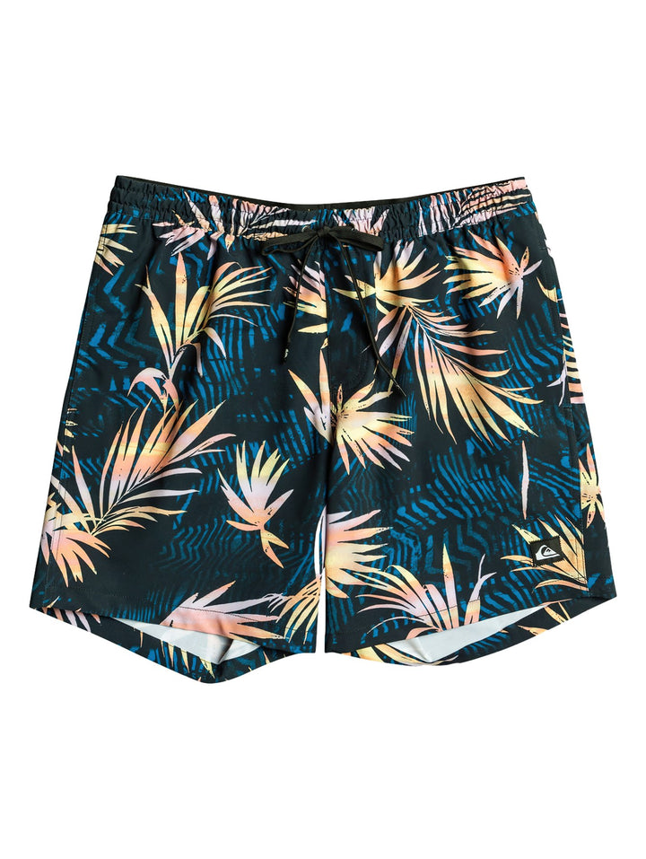 Shorts de baño color negro con estampado de hojas tropicales en tonos amarillo y naranja.