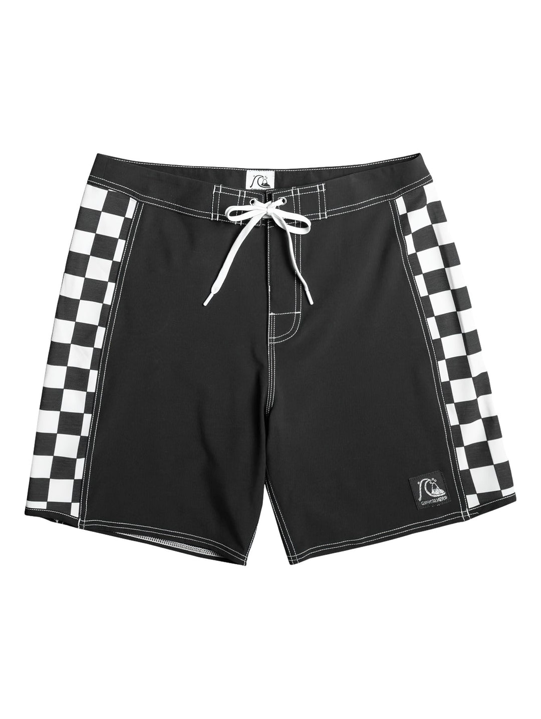 Traje de baño negro Quiksilver con laterales a cuadros blancos y negros y cordón ajustable.