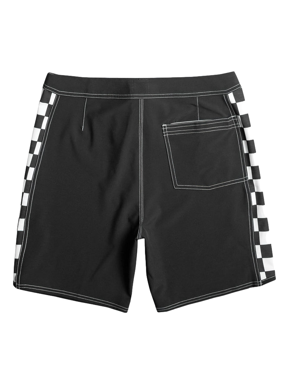 Traje de baño negro Quiksilver con laterales a cuadros blancos y negros y cordón ajustable.