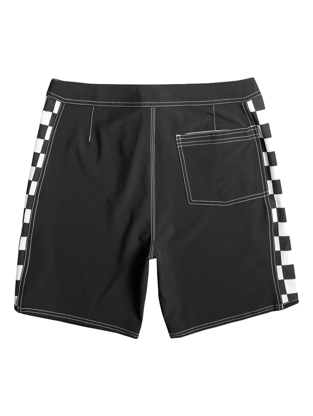 Traje de baño negro Quiksilver con laterales a cuadros blancos y negros y cordón ajustable.