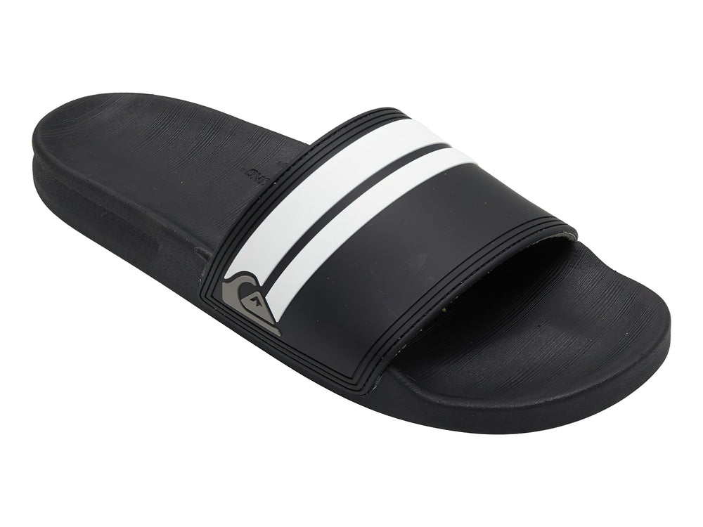 Sandalia slide Quiksilver de color negro con dos franjas blancas laterales y suela negra.