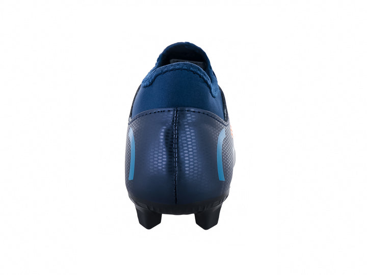 Zapato de fútbol Leon Trucco color azul marino con patrones en zigzag naranja y azul claro.