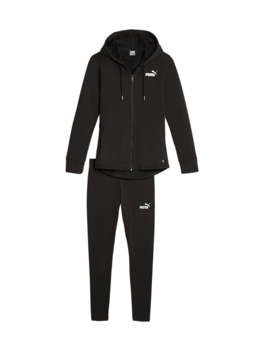 Conjunto deportivo PUMA de color negro compuesto por una chaqueta con capucha y pantalones largos.