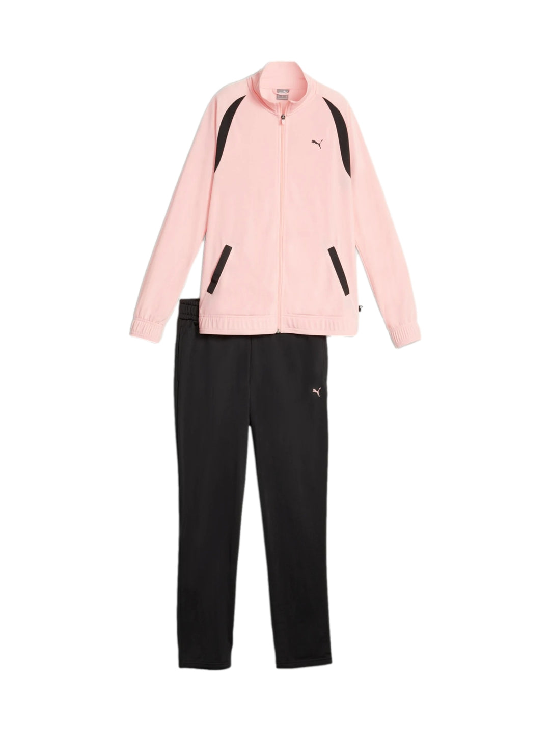 Conjunto deportivo PUMA con chaqueta color rosa peach smoothie y pantalones negros.