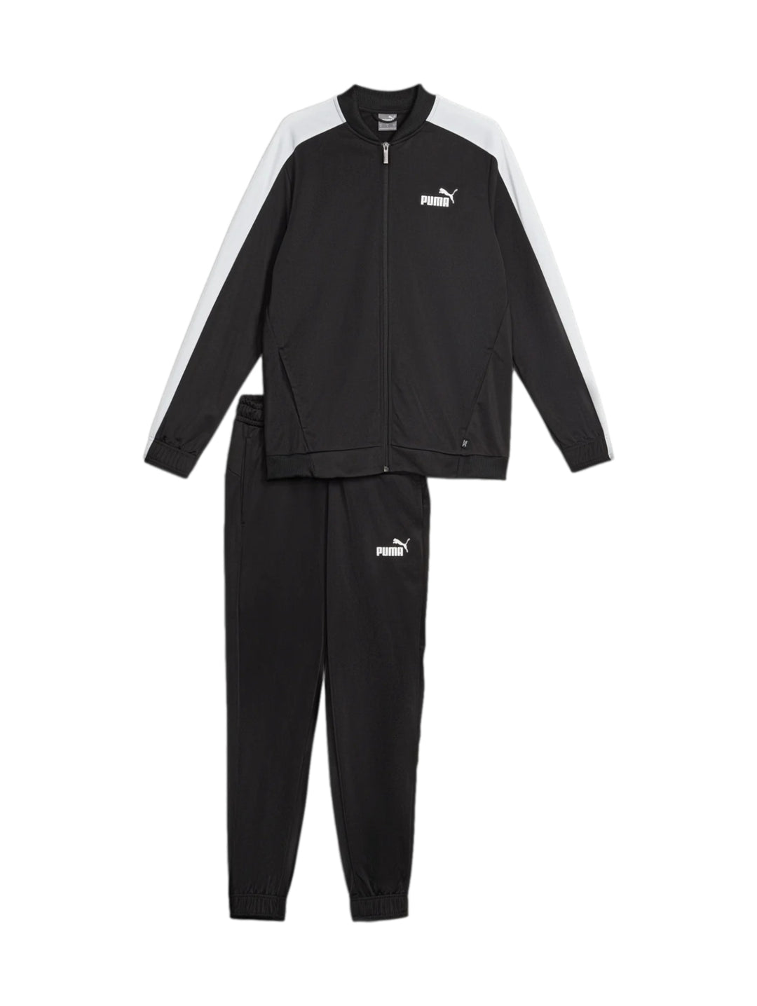 Conjunto deportivo PUMA de color negro con franjas blancas en las mangas, incluye chaqueta y pantalón.