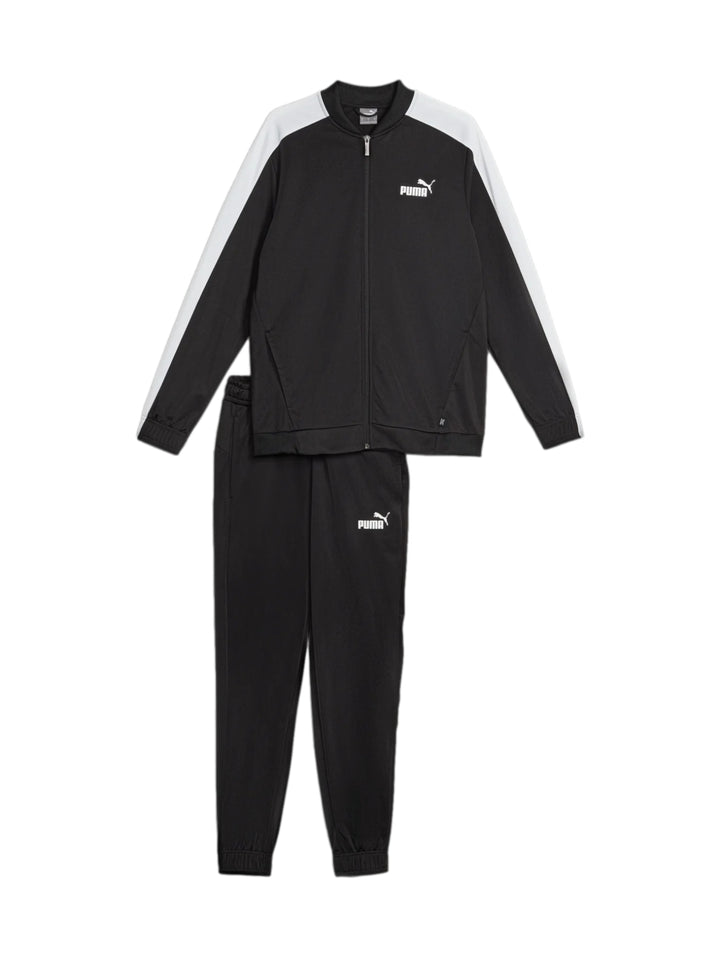 Conjunto deportivo PUMA de color negro con franjas blancas en las mangas, incluye chaqueta y pantalón.
