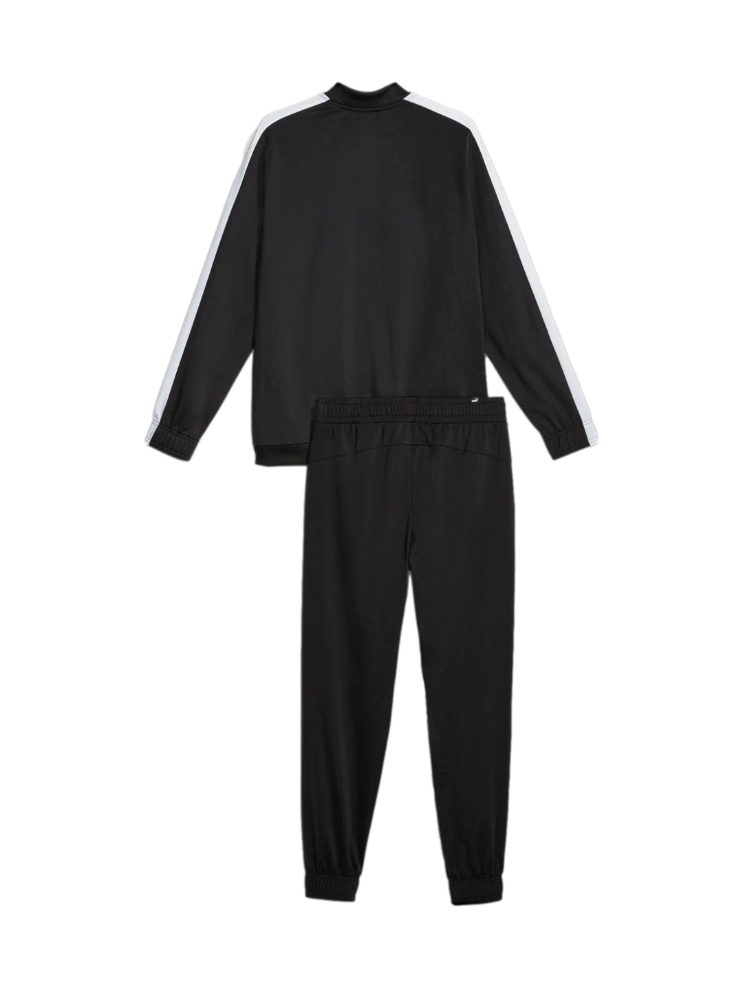 Conjunto deportivo PUMA de color negro con franjas blancas en las mangas, incluye chaqueta y pantalón.