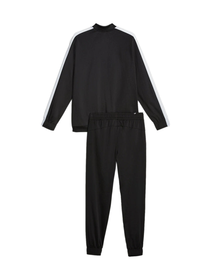 Conjunto deportivo PUMA de color negro con franjas blancas en las mangas, incluye chaqueta y pantalón.
