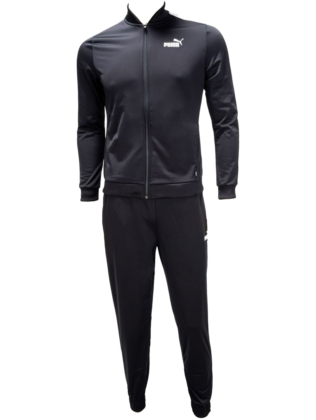 Conjunto deportivo PUMA de dos piezas en color negro, incluye chaqueta con cierre y pantalones.
