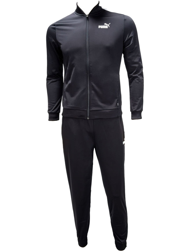 Conjunto deportivo PUMA de dos piezas en color negro, incluye chaqueta con cierre y pantalones.