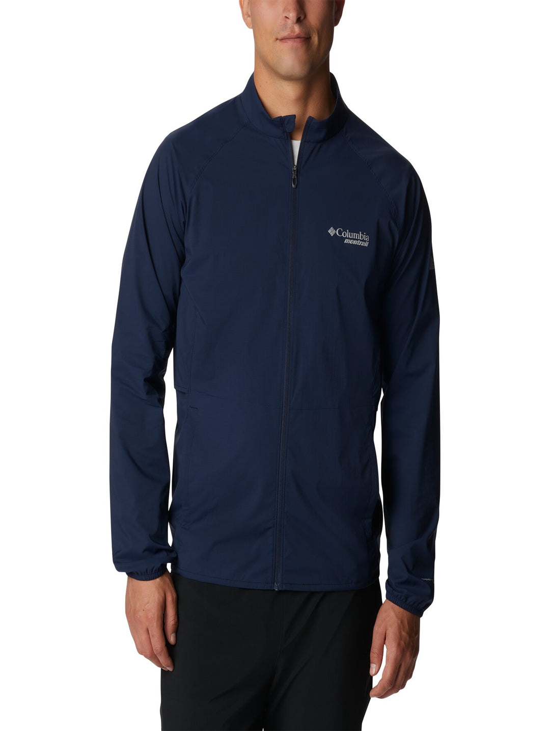 Chaqueta rompevientos Columbia color azul marino con cierre frontal y cuello alto.
