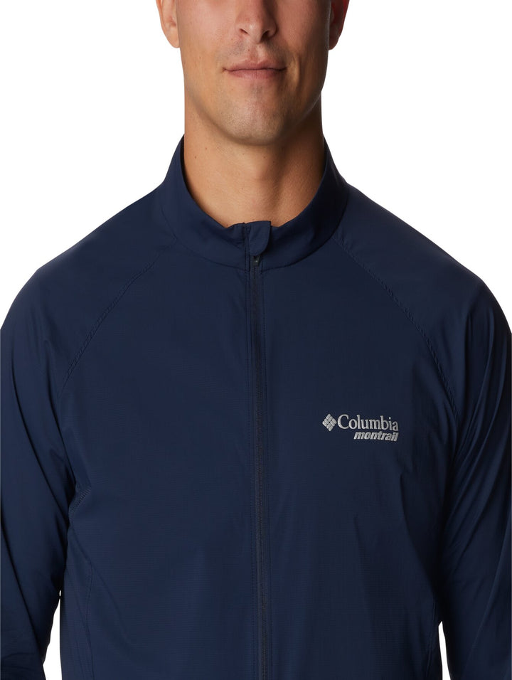 Chaqueta rompevientos Columbia color azul marino con cierre frontal y cuello alto.