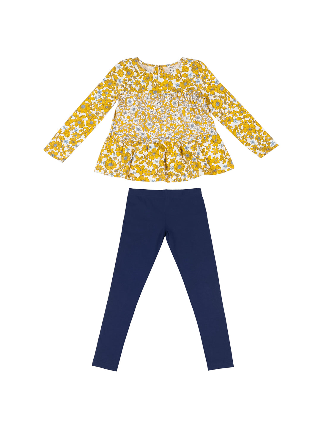 Conjunto para niña con blusa mostaza floral de manga larga y leggings azul marino.